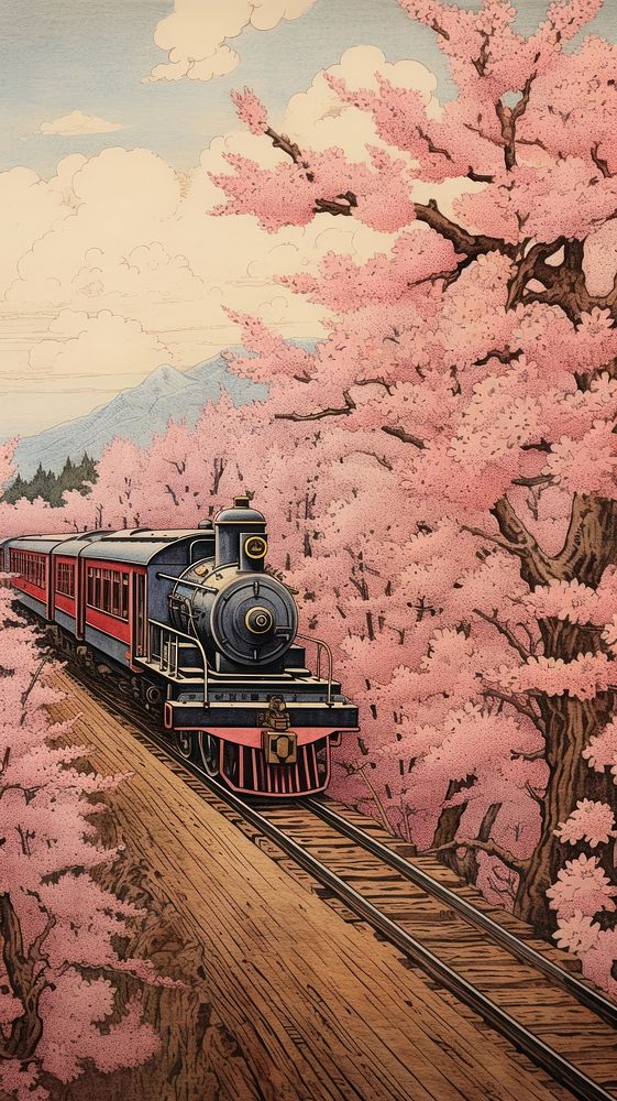 Traditional japanese train in spring outdoors vehicle railway.