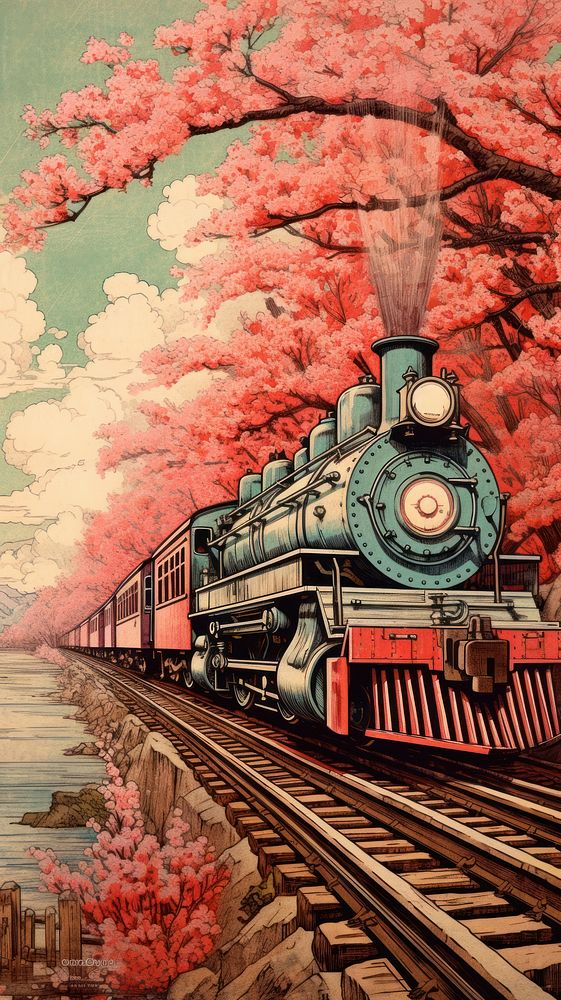 Traditional japanese train in spring locomotive painting vehicle.