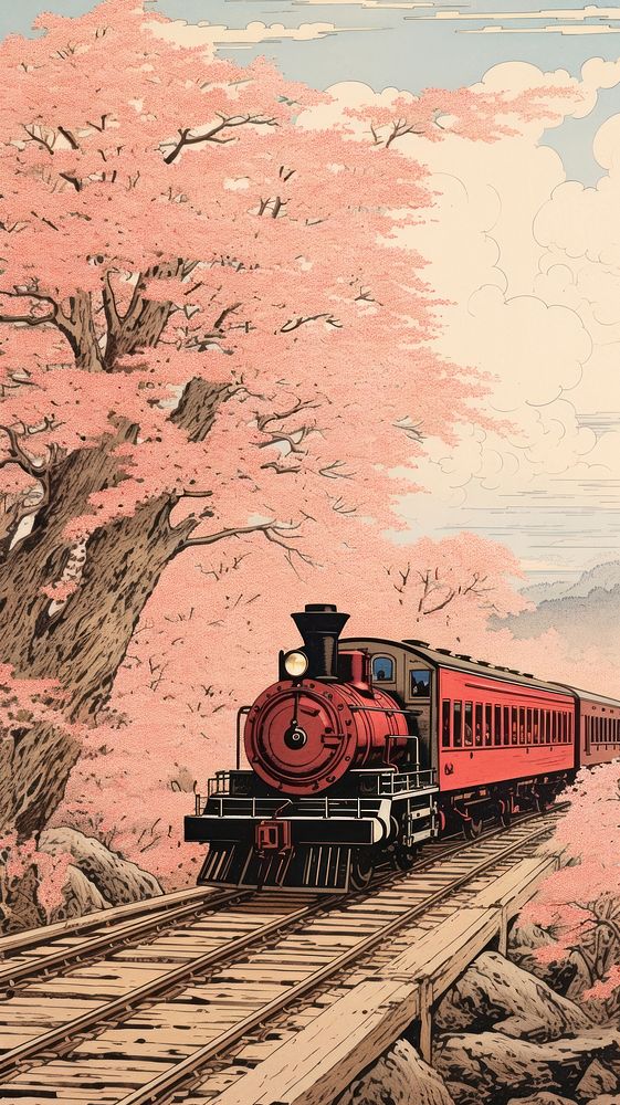 Traditional japanese train in spring locomotive vehicle railway.