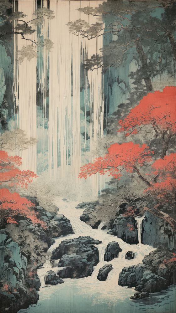 Traditional japanese waterfall outdoors painting nature.