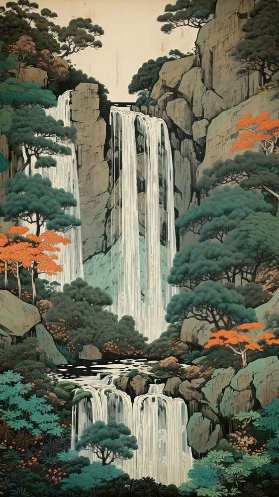 Traditional japanese waterfall outdoors painting nature.