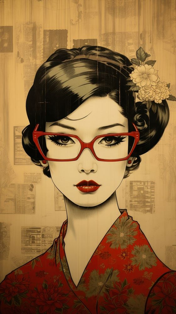Traditional japanese woman wearing glasses portrait fashion adult.