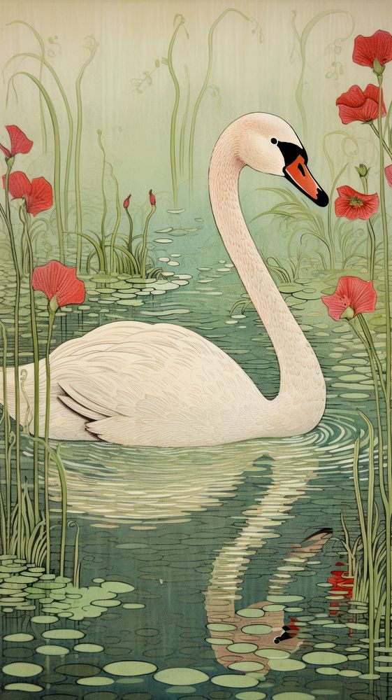 Swan in pond painting animal plant.