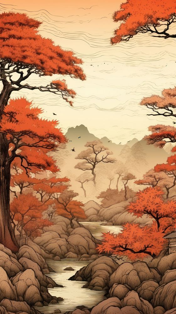 Traditional japanese Autumn trees landscape outdoors nature.