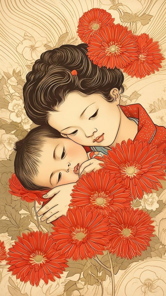 Traditional japanese baby and flowers pattern art togetherness.