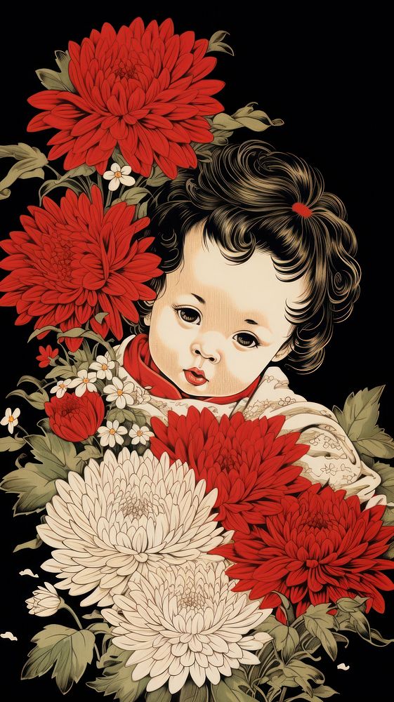 Traditional japanese baby and flowers portrait pattern art.