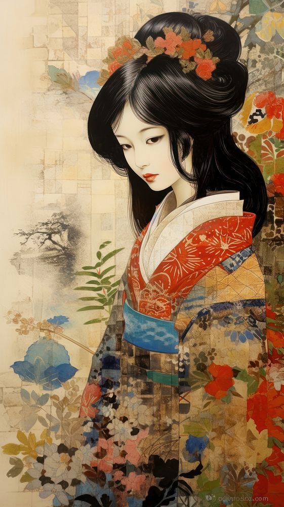 Traditional japanese colorful fashion painting portrait kimono.