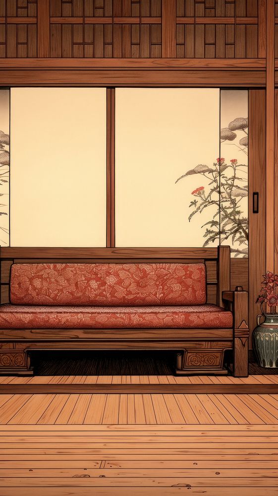Traditional japanese couch living room wood architecture furniture.
