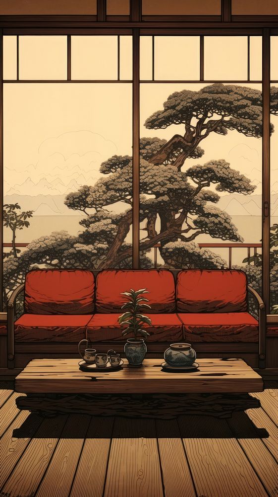 Traditional japanese couch living room wood architecture furniture.