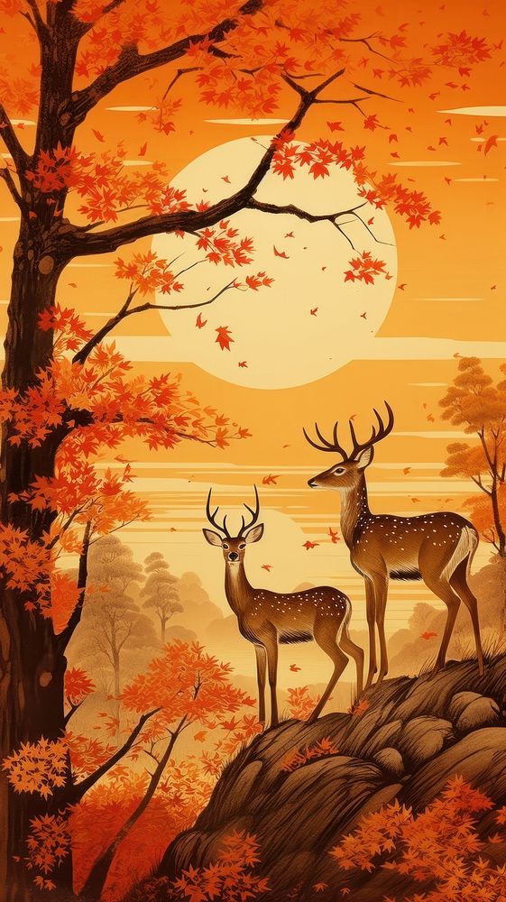 Traditional japanese deer in autumn mammal plant tree.