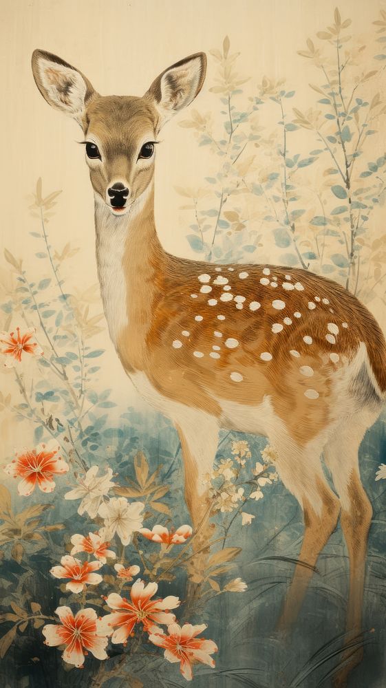 Traditional japanese deer in summer wildlife painting animal.