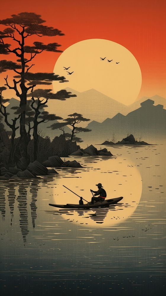 Traditional japanese fishing in lake outdoors vehicle nature.