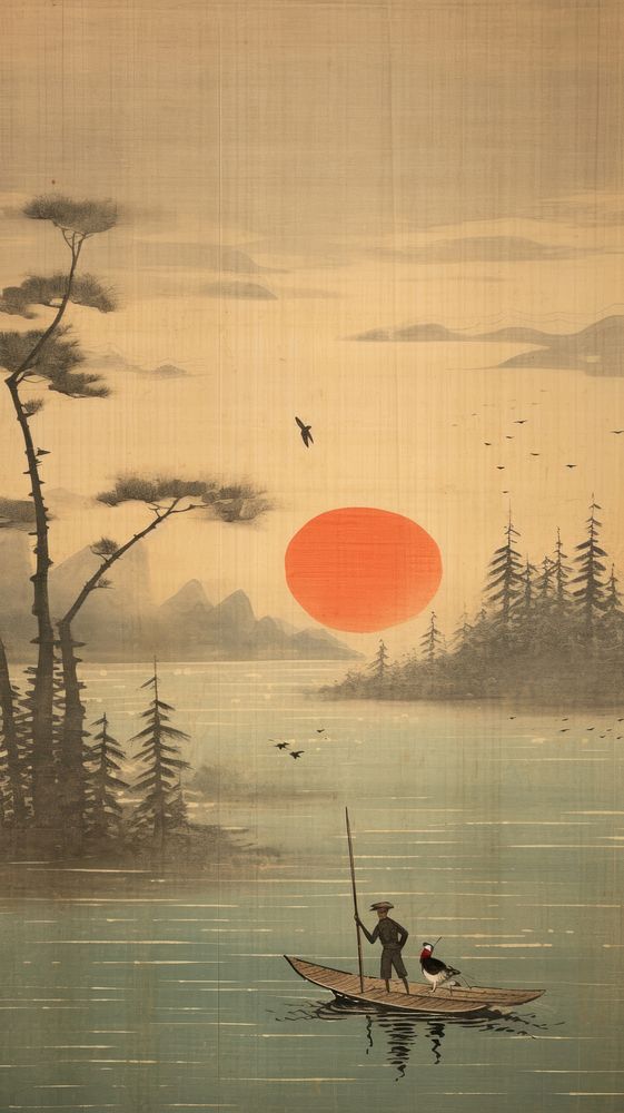 Traditional japanese fishing in lake painting outdoors nature.