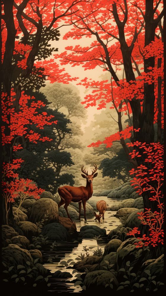 Traditional japanese forest with animals outdoors painting nature.