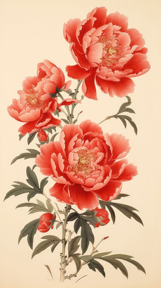 Traditional japanese hand holidng peony pattern flower plant.
