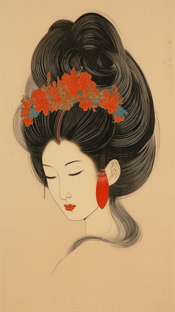 Traditional japanese hair pin painting portrait drawing.