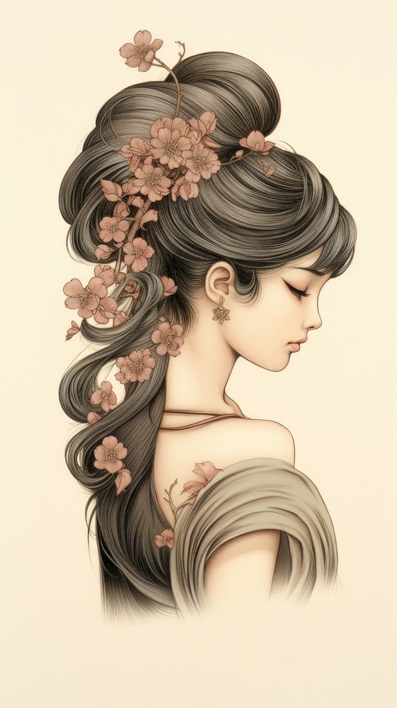 Traditional japanese hair pin portrait drawing sketch.