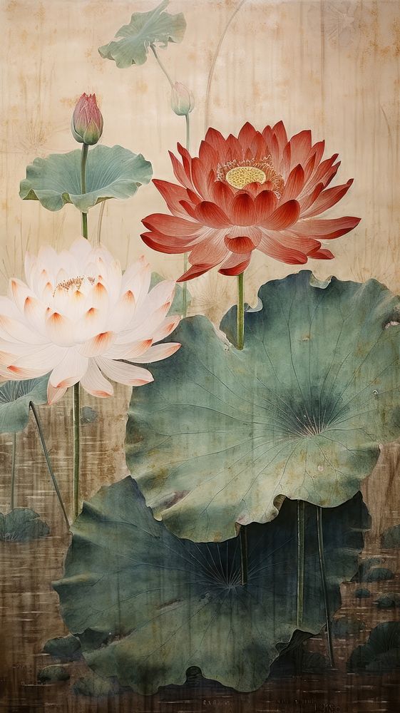 Traditional japanese lotus and buddha painting flower plant.