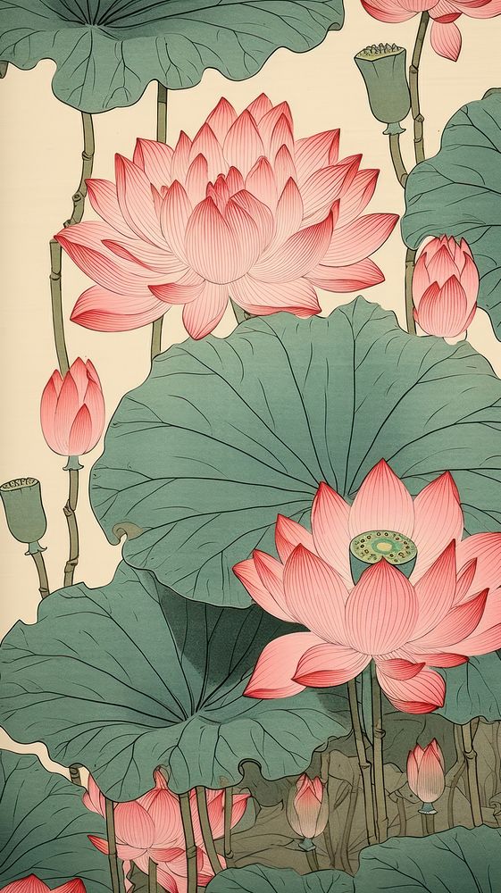 Traditional japanese lotus flowers plant lily art.