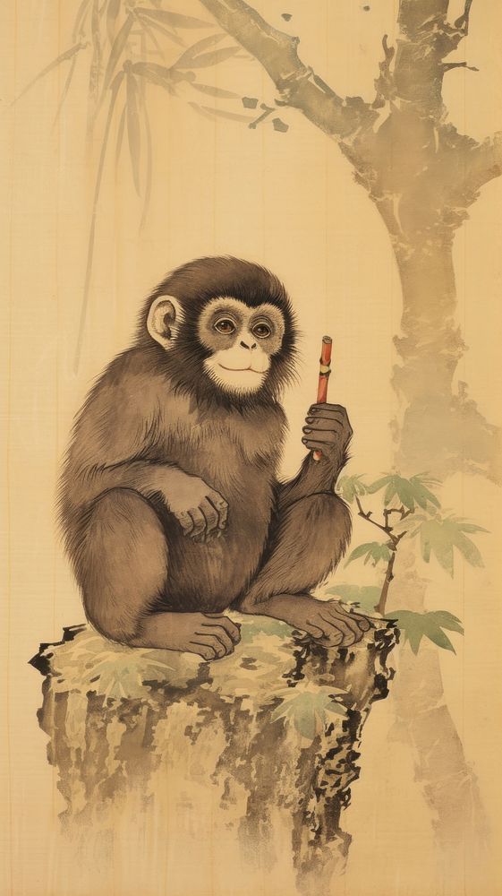 Traditional japanese monkey eating banana ape wildlife painting.