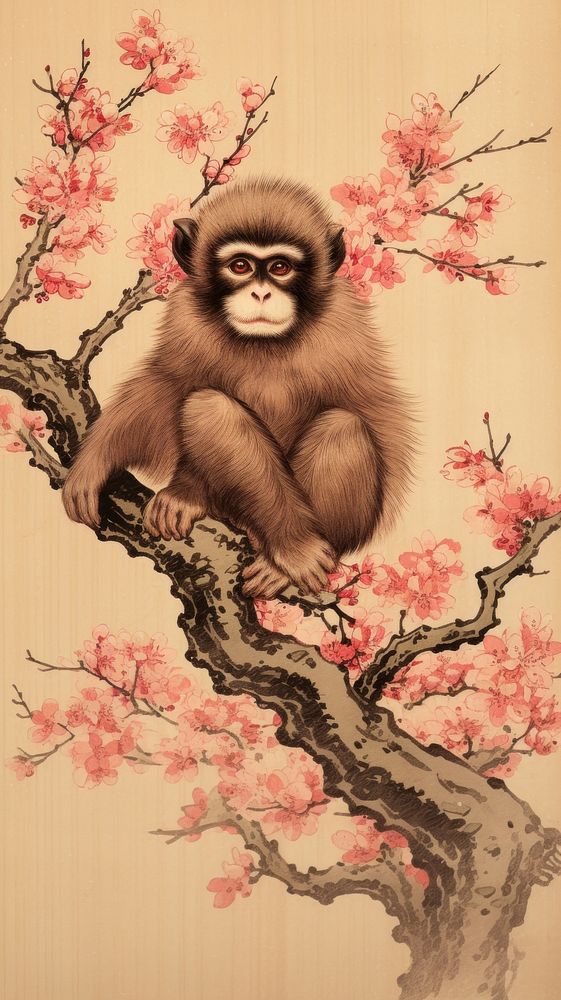 Traditional japanese monkey on tree wildlife mammal animal.