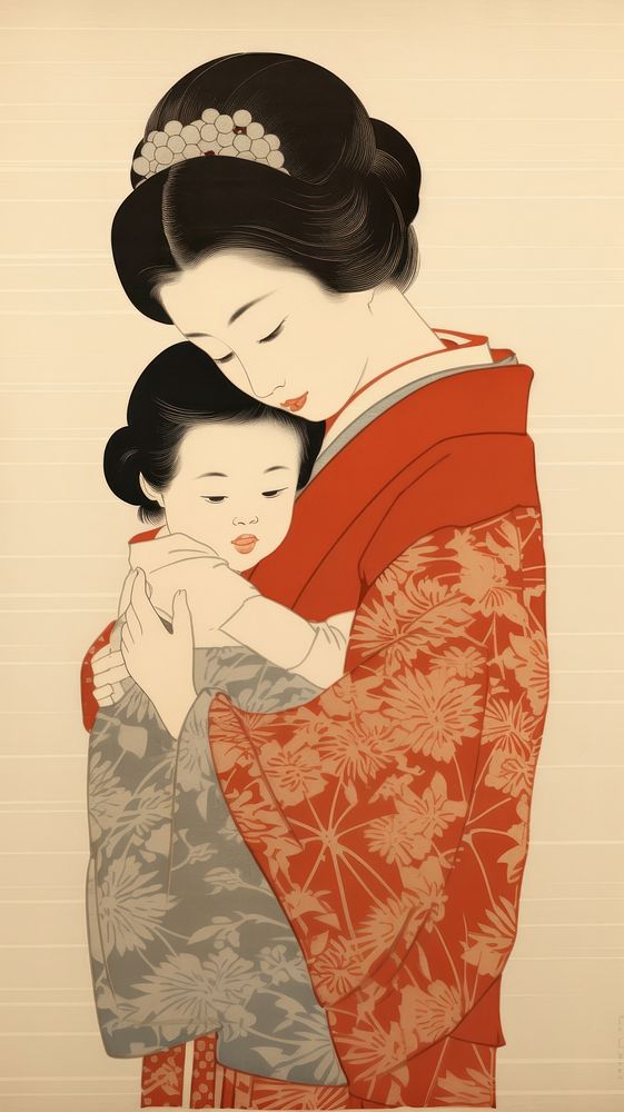 Traditional japanese mother holding baby kimono adult robe.
