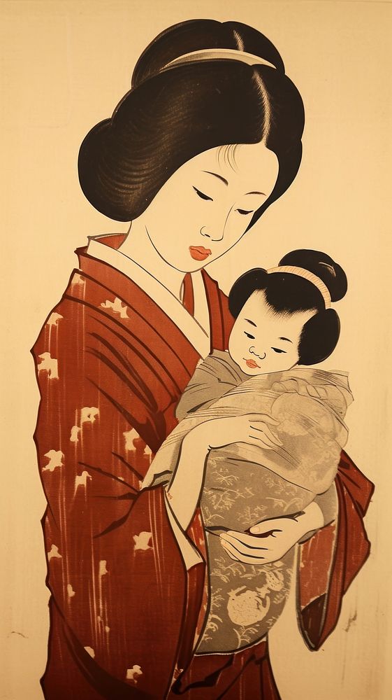 Traditional japanese mother holding baby cartoon adult representation.