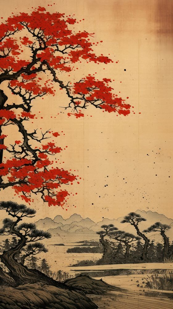 Traditional japanese picture frame painting plant tree.