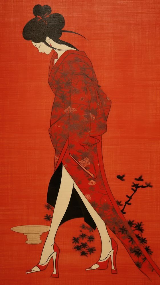 Traditional japanese red high heels painting fashion cartoon.