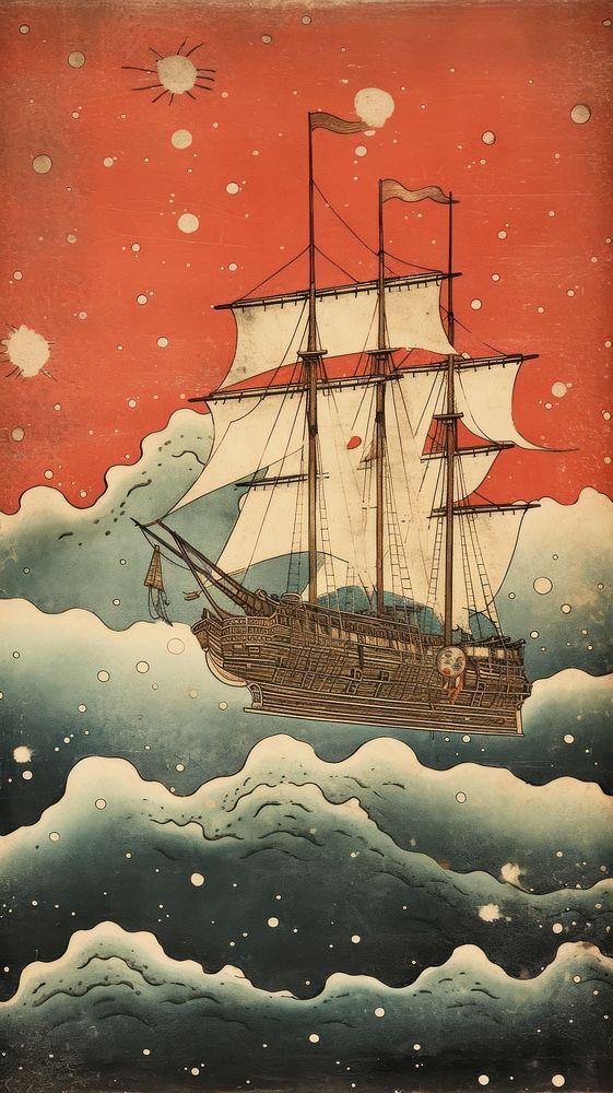 Traditional japanese ship in sky sailboat painting vehicle.