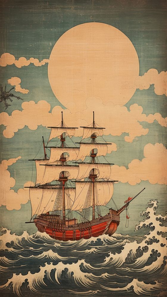 Traditional japanese ship in sky watercraft sailboat painting.
