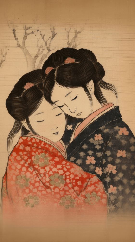 Traditional japanese siblings hugging drawing kimono sketch.