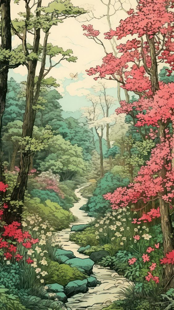 Traditional japanese spring forest landscape outdoors woodland.