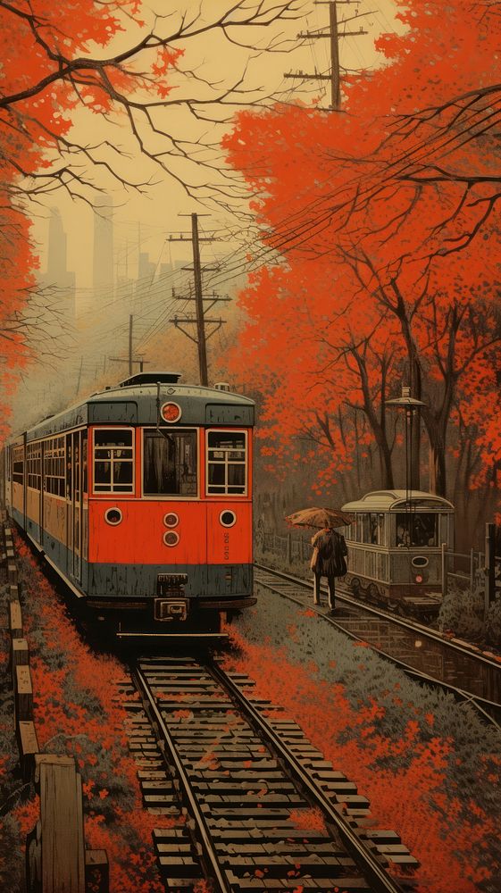 Traditional japanese subway train in autumn vehicle railway transportation.