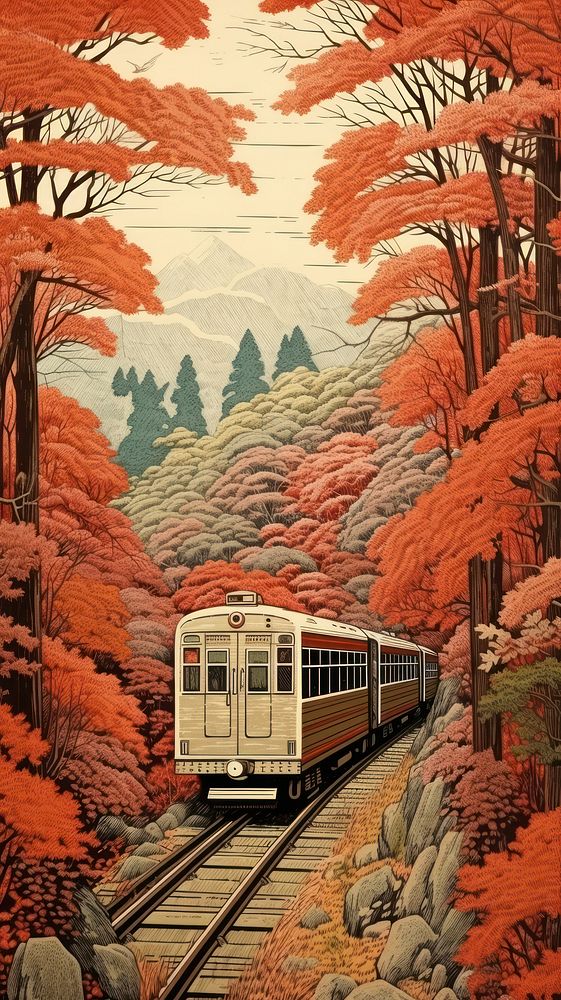Traditional japanese subway train in autumn outdoors vehicle nature.