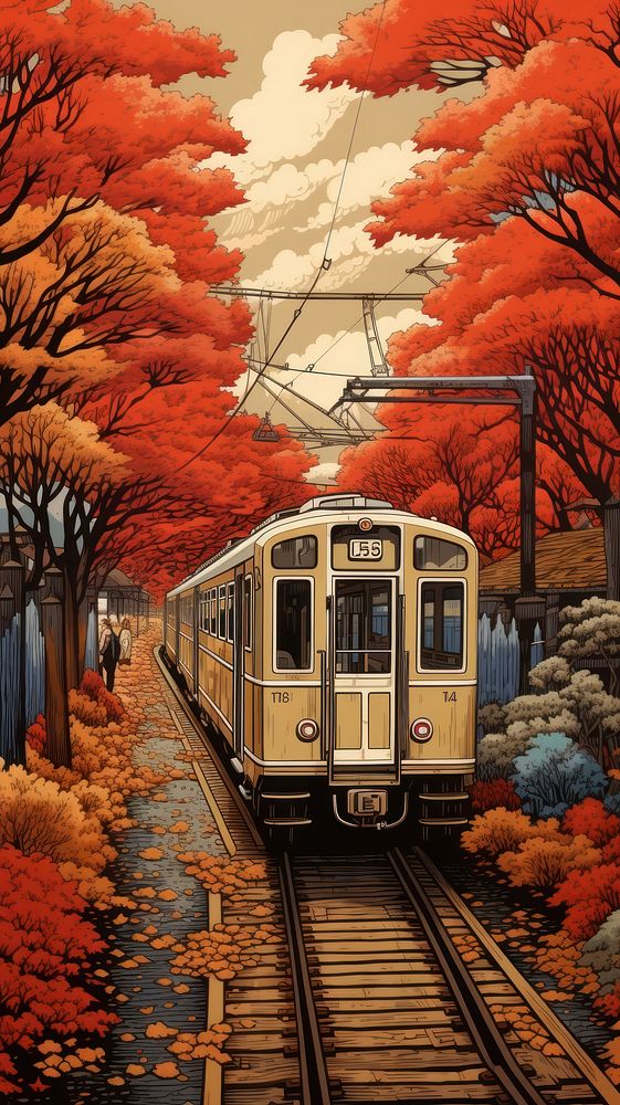 Traditional japanese subway train in autumn outdoors vehicle plant.