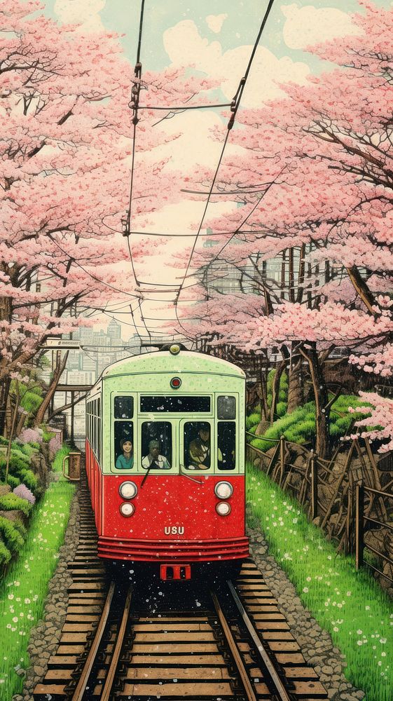 Traditional japanese subway train in spring vehicle railway flower.