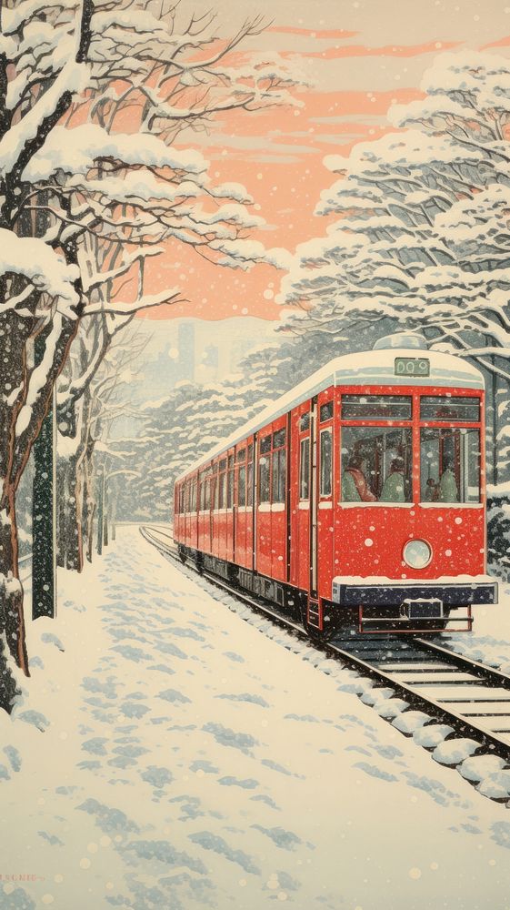 Traditional japanese subway train in winter outdoors vehicle snow.