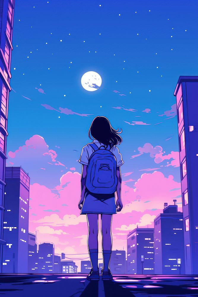 A girl student walking in the street city outdoors night.