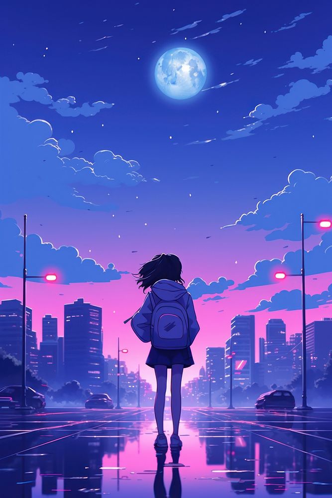A girl student walking in the street outdoors night city.