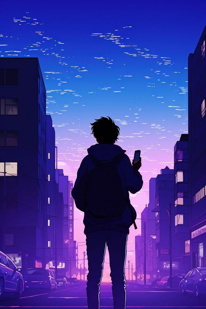 A boy student walking in the street city adult sky.