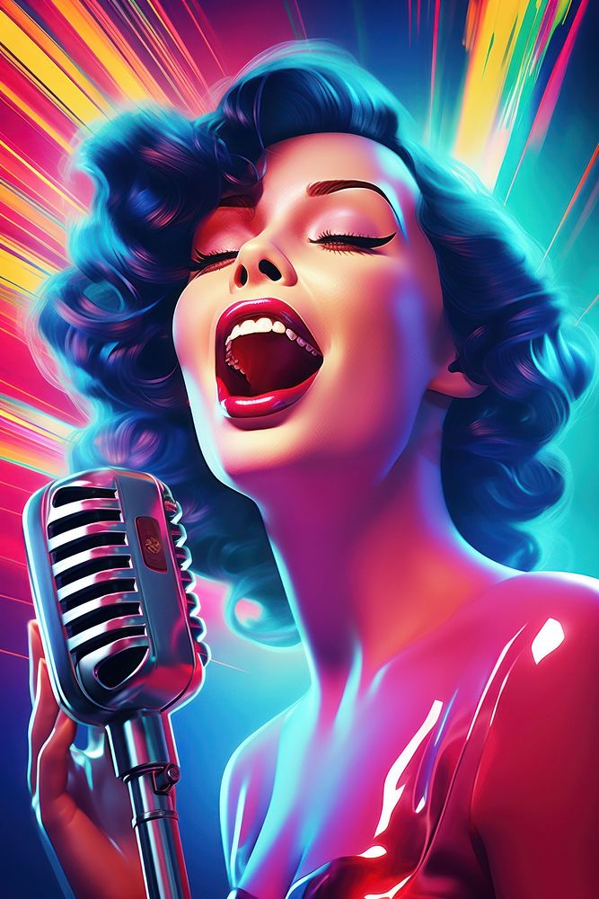 1970s airbrush of a person singing microphone karaoke adult.