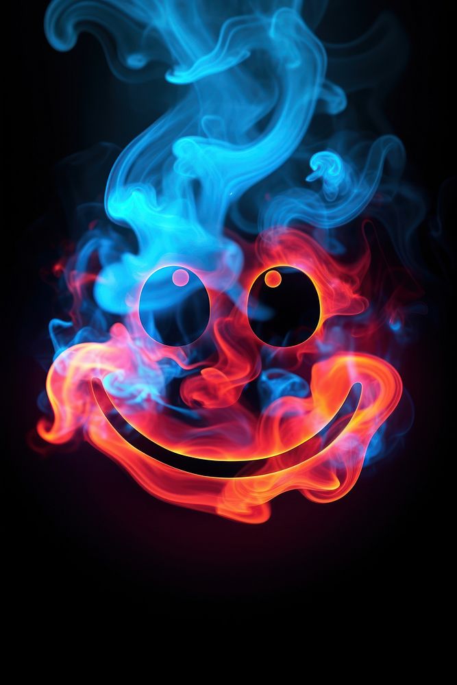 Fire neon smoke smiley face creativity abstract darkness.