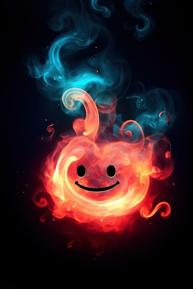Fire neon smoke smiley face anthropomorphic illuminated creativity.