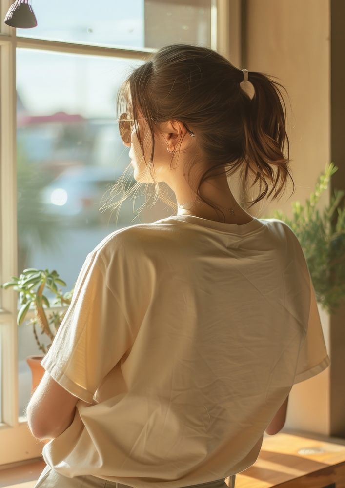 A woman wear cream t shirt adult back contemplation.
