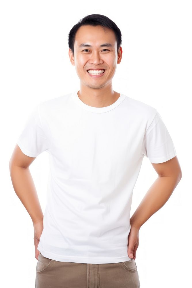 Man in casualwear smiling t-shirt sleeve.