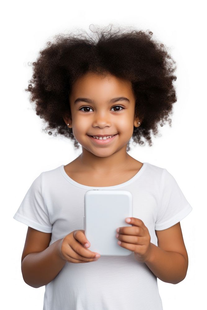 Kid hand holding blank phone portrait smile child.