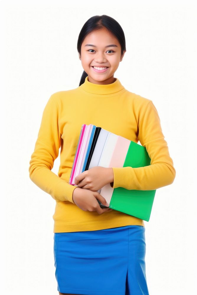 Teenage Thai student holding notebooks smiling sleeve female.