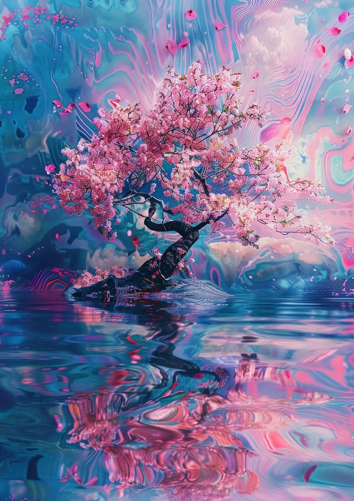A photo of cherry blossom art painting outdoors.