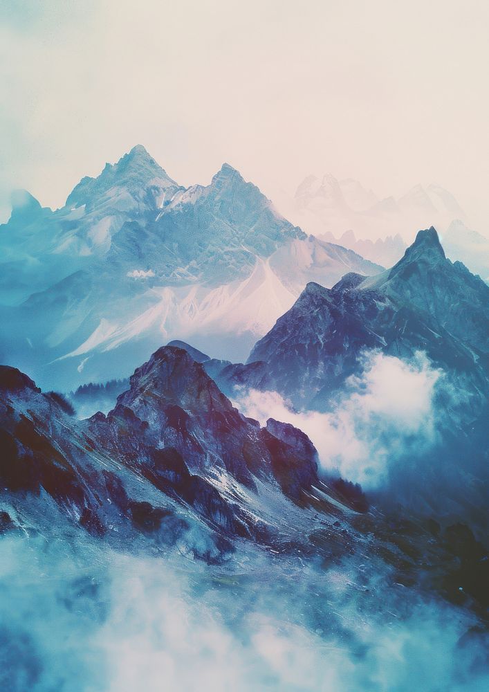 A polaroid photo of mountain range outdoors nature snow.